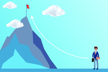 Mountain climbing route to peak in flat style. Business journey path in progress to success vector illustration. Mountain peak, climbing route to top rock illustration