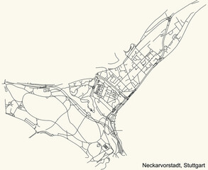 Black simple detailed street roads map on vintage beige background of the quarter Neckarvorstadt of district Bad Cannstatt of Stuttgart, Germany