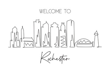 Fototapeta premium One single line drawing visit Rochester city skyline, New York State. World beauty town landscape art. Best holiday destination. Editable stroke trendy continuous line draw design vector illustration