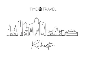 One continuous line drawing Rochester city skyline, New York State. Beautiful landmark. World landscape tourism travel wall decor poster, postcard. Stylish single line draw design vector illustration