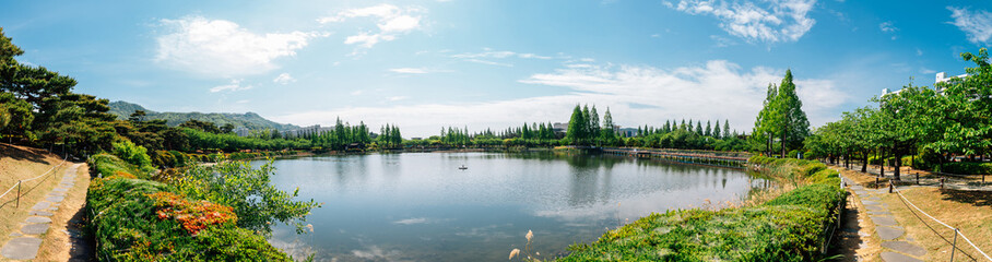 Panoramic view of Yeonji park in Gimhae, Korea - obrazy, fototapety, plakaty