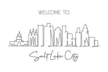 Fototapeta premium One single line drawing visit Salt Lake City skyline, Utah. World beauty town landscape art. Best holiday destination postcard. Editable stroke trendy continuous line draw design vector illustration