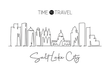 Obraz premium Single continuous line drawing of Salt Lake City skyline, Utah. Famous city scraper landscape. World travel home wall decor art poster print concept. Modern one line draw design vector illustration
