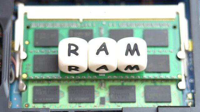 Laptop RAM concept, the inscription RAM is located on the laptop RAM chip
