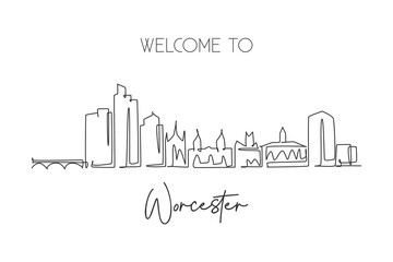 Obraz premium One single line drawing Worcester city skyline, Massachusetts. World historical town landscape art. Best holiday destination postcard. Editable stroke continuous line draw design vector illustration