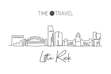 Fototapeta premium One single line drawing Little Rock city skyline, Arkansas. World historical town landscape. Best holiday destination postcard. Editable stroke trendy continuous line draw design vector illustration