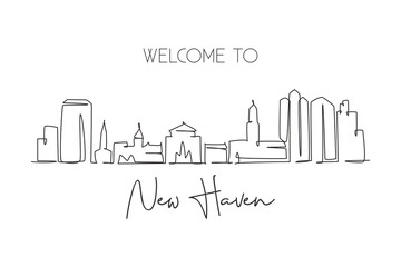 One single line drawing New Haven city skyline, Connecticut. World historical town landscape. Best holiday destination postcard. Editable stroke trendy continuous line draw design vector illustration - obrazy, fototapety, plakaty