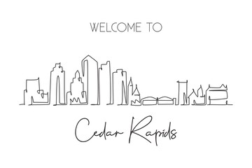 Fototapeta premium One continuous line drawing of Cedar Rapids city skyline, Iowa. Beautiful landmark. World landscape tourism travel home wall decor poster print art. Stylish single line draw design vector illustration