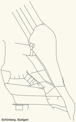 Black simple detailed street roads map on vintage beige background of the quarter Schönberg of district Birkach of Stuttgart, Germany