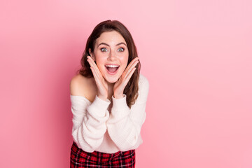 Photo of young attractive girl happy positive smile hands touch cheeks amazed excited isolated over pastel color background