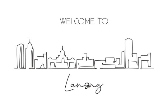 Single continuous line drawing of Lansing city skyline, Michigan. Famous city scraper landscape. World travel home wall decor art poster print concept. Modern one line draw design vector illustration
