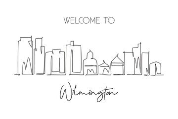 Obraz premium One single line drawing Wilmington city skyline, Delaware. World historical town landscape postcard. Best holiday destination. Editable stroke trendy continuous line draw design vector illustration
