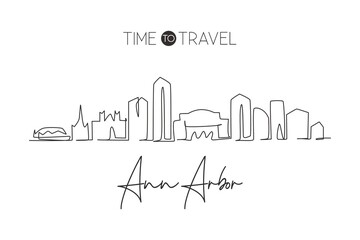 One single line drawing Ann Arbor city skyline, Michigan. World historical town landscape postcard. Best holiday destination. Editable stroke trendy continuous line draw design vector illustration