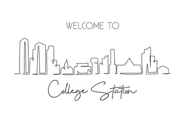 One continuous line drawing College Station city skyline, Texas. Beautiful landmark. World landscape tourism travel home wall decor poster print. Stylish single line draw design vector illustration