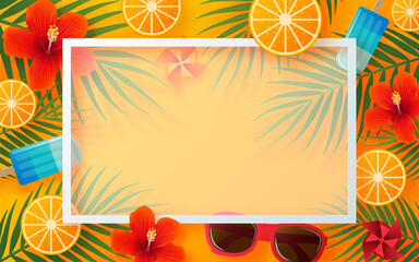 Summer time holiday vector design with beach,colorful tropical flowers heliconia rostrata,fruit,sea,nature,summer drink,under the sea,coral,flamingo,sun,sand,cocktail, paper cut style on background.