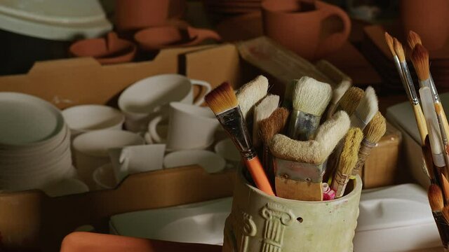 Brushes in a Ceramic Studio Workshop