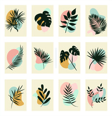 Fototapeta na wymiar a bright poster with leaves and colored geometric objects. vector illustration