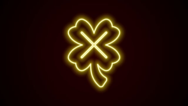 Glowing neon line Casino slot machine with clover symbol icon isolated on black background. Gambling games. 4K Video motion graphic animation