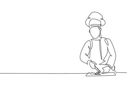 Single one line drawing of young happy attractive male chef slicing vegetables on wooden cutting board to prepare meal food. Modern template one line hand drawn vector illustration minimalism style