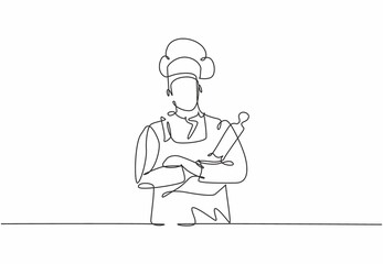 Continuous one line drawing of young attractive handsome male chef holding wood rolling pin while arm crossed on chest. Service excellent concept single line draw graphic design vector illustration