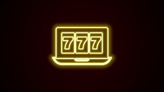 Glowing neon line Online slot machine with lucky sevens jackpot icon isolated on black background. Online casino. 4K Video motion graphic animation