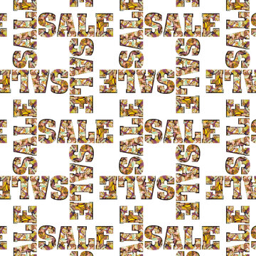 Pattern of autumn words Sale on a white background. Kaleidoscope with the word Sale made from photo of autumn leaves.
