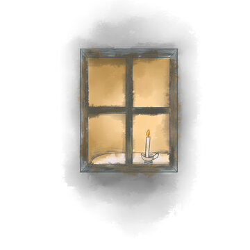 Illustration in a watercolor style. Window with a wooden frame. Warm light. A candle is burning on the table.