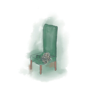 Illustration in a watercolor style. Green chair with a bouquet of daisies.