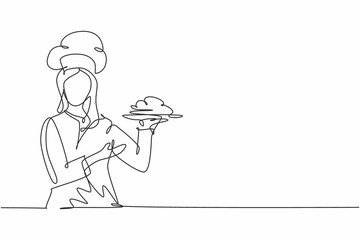 Single one line drawing young happy beauty female chef give tasting good gesture while serving main dish at restaurant. Delicious food taste trendy one line hand drawn vector illustration minimalism