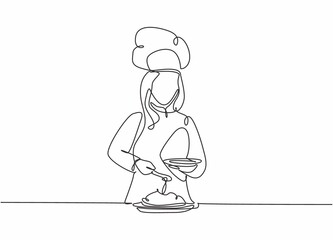 Single continuous line drawing of young happy female chef pouring sauce on main dish to serve to customer. Preparing healthy food concept one line drawing design vector minimalism illustration