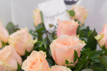 Bouquet of white roses in vase. Fresh Flowers in vase
