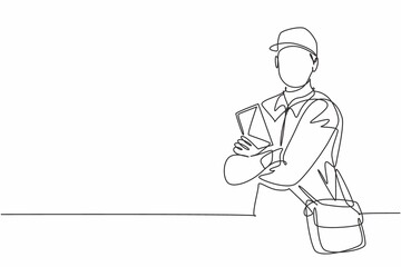 Single continuous line drawing of young postman cross arm on chest and holding envelope letters. Professional work job occupation. Minimalism concept one line draw graphic design vector illustration