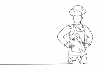 Continuous one line drawing of young male chef posing and holding spoon and fork before cooking. Professional job profession minimalist concept. Single line draw design vector graphic illustration