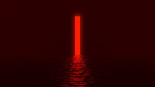 Glowing red neon light rectangle tall portal with distorted reflection on black background. Creative design concept. 3D rendered image.