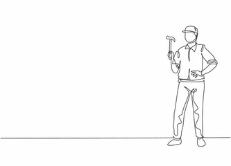 Continuous one line drawing of young handyman holding hammer. Professional job profession minimalist concept. Single line draw design vector graphic illustration