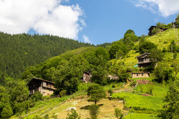 Unique mountain view in turkey with residential areas on it, perfect panoramic view filled with trees.