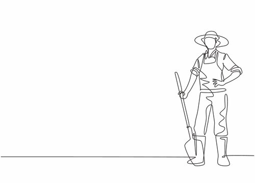 Continuous one line drawing of young male farmer pose standing on field and holding shovel . Professional job profession minimalist concept. Single line draw design vector graphic illustration