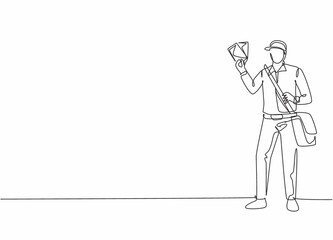 Continuous one line drawing of young mailman pose standing and holding envelopes while bringing bag. Professional job profession minimalist concept. Single line draw design vector graphic illustration