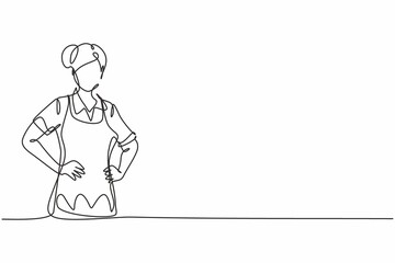 Single one line drawing of young beauty female house maid posing with hands on hip. Professional work profession and occupation minimal concept. Continuous line draw design graphic vector illustration