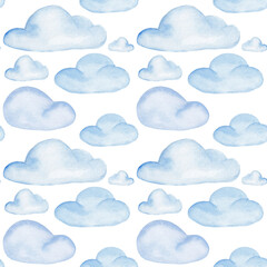 Watercolor kids pattern with air blue clouds on a white background, pattern for a child's room, fabrics, wallpaper, etc.