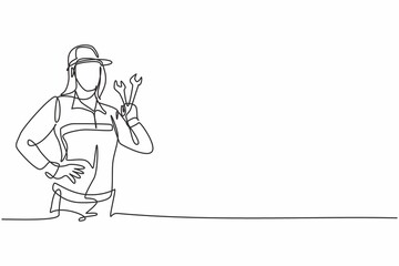 Continuous one line drawing of young beautiful attractive female mechanic with hands on hip. Professional job profession minimalist concept. Single line draw design vector graphic illustration