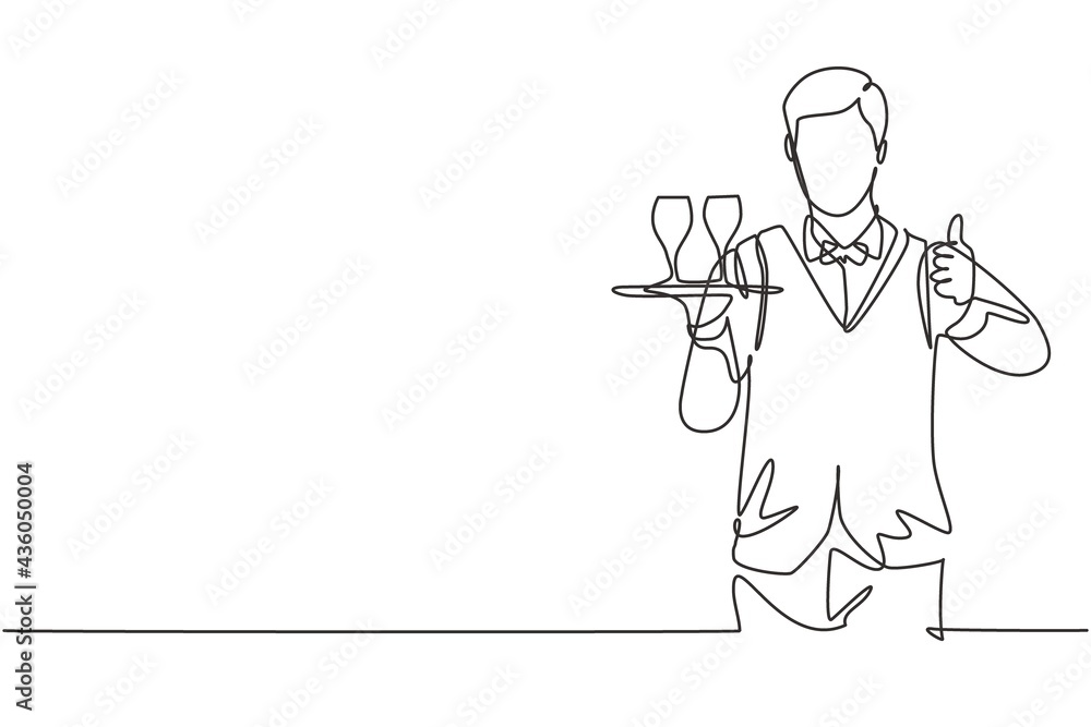 Poster single continuous line drawing waiter with a gesture raised his thumb and brought a tray of drinking