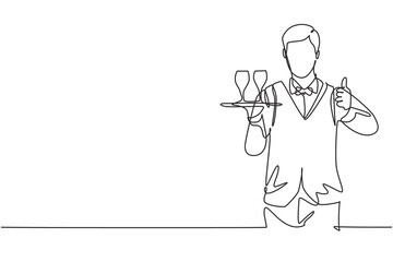 Single continuous line drawing waiter with a gesture raised his thumb and brought a tray of drinking glasses serving visitors at the cafeteria. Dynamic one line draw graphic design vector illustration