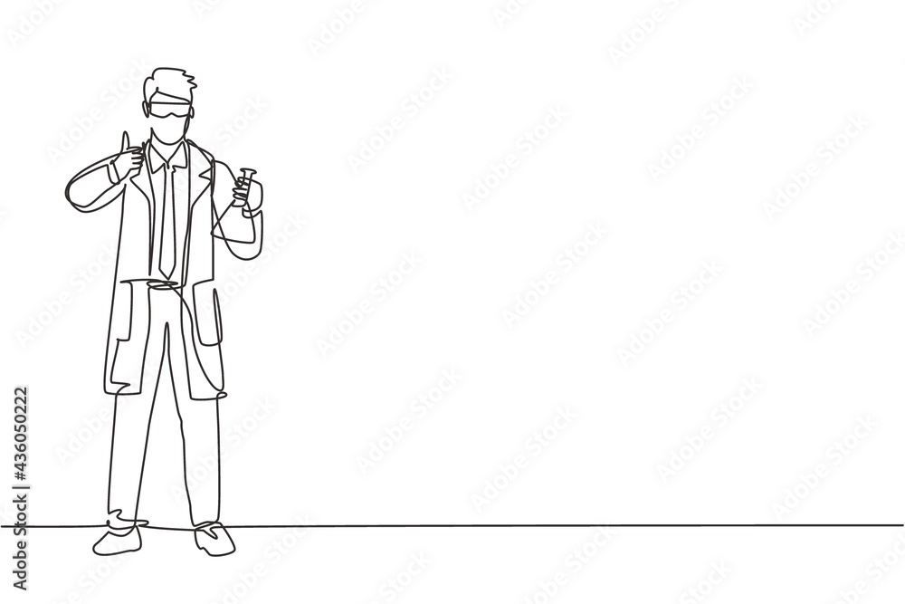 Poster single continuous line drawing the scientist stands with a thumbs-up gesture and holding a measuring