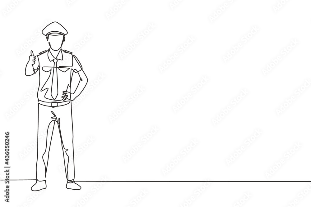 Poster single one line drawing of pilot stands with a thumbs-up gesture and complete uniform serves airplan