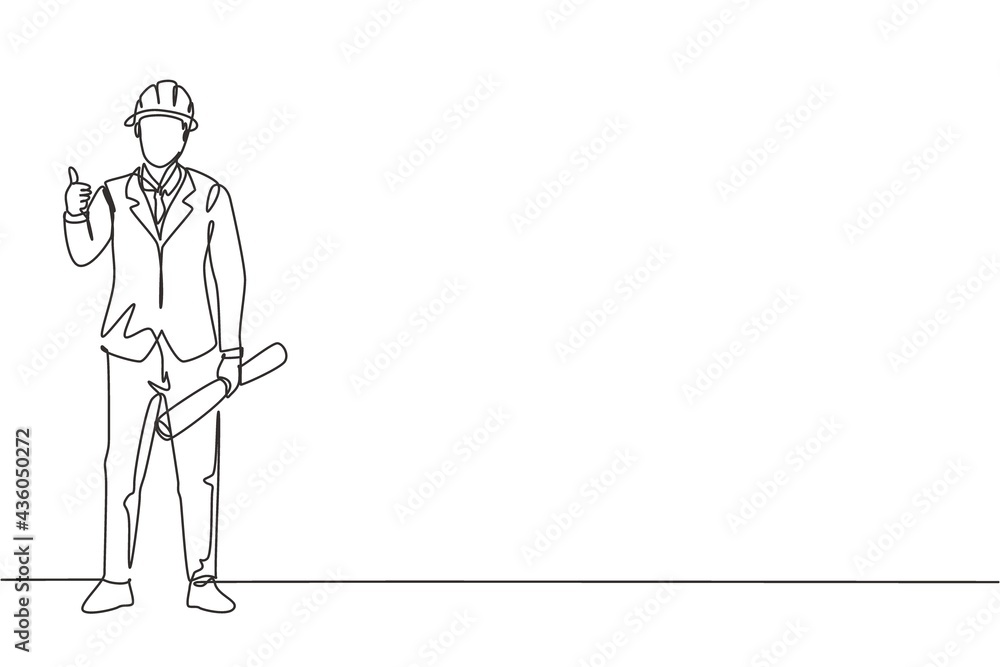 Poster continuous one line drawing architect stood with a thumbs-up gesture and wearing a helmet carrying a