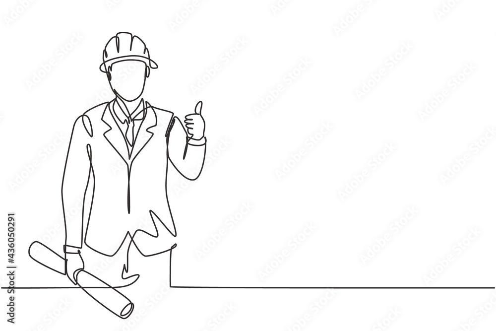 Poster continuous one line drawing the architect with a gesture of raising his thumb and wearing a helmet c