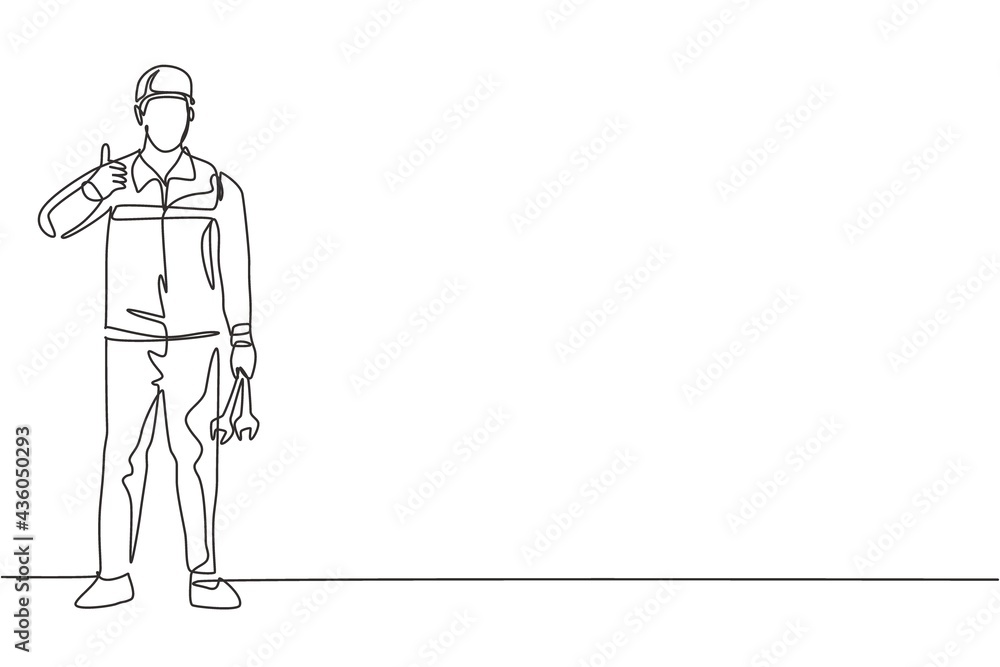 Poster continuous one line drawing mechanic stands up with a thumbs-up gesture and holding the wrench to pe