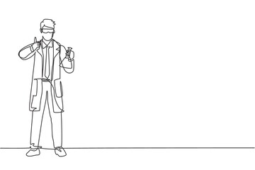 Single continuous line drawing the scientist stands with a thumbs-up gesture and holding a measuring tube filled with a chemical liquid. Dynamic one line draw graphic design vector illustration.