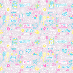 Fototapeta na wymiar Seamless tennis pattern for kids textiles. Girly background with rackets, doodles, flowers, ball, text. Motivation slogan, sports phrases for t-shirt design, lettering.